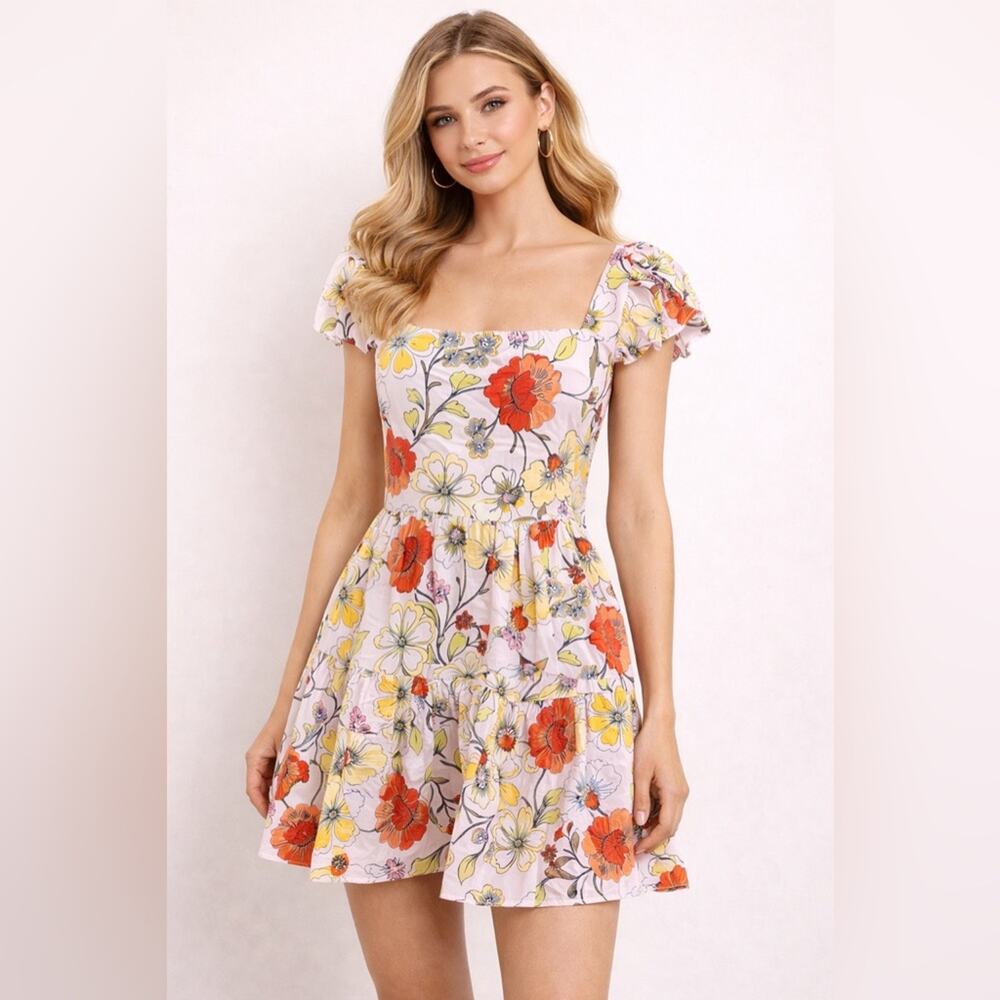 Lottie & Holly BOG Size M Orange Cream Floral Mini Dainty Dress NWT Beach Resort